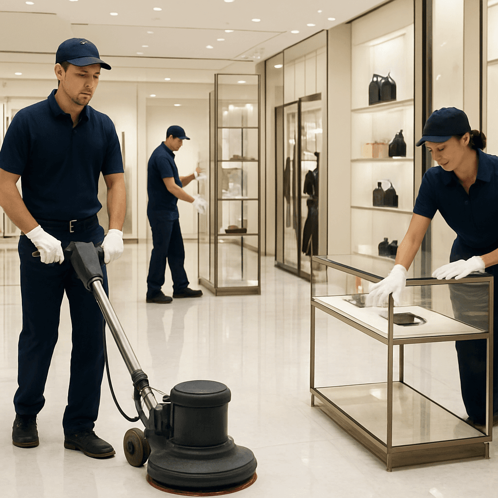 Premium Cleaning NJ team performing post-construction deep clean in luxury boutique