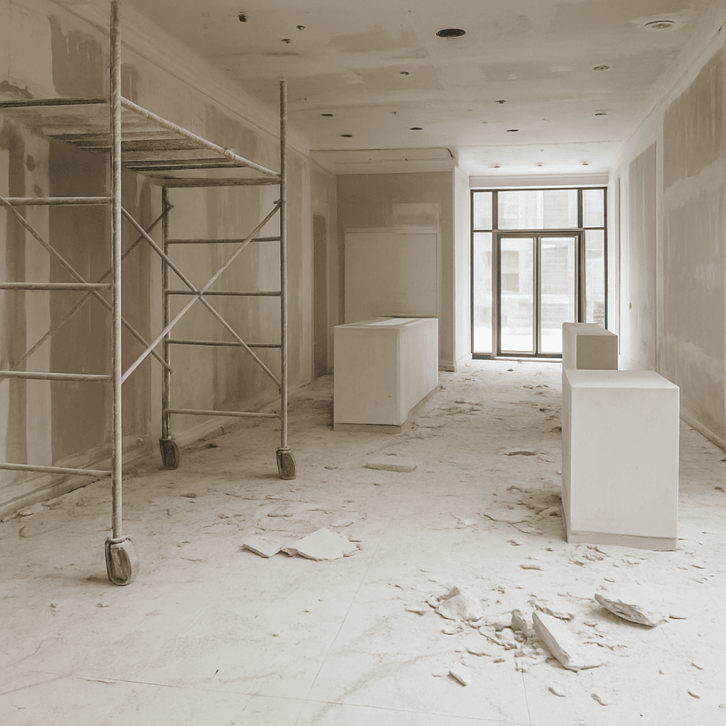 Purple Style Labs store interior covered in construction dust before post-construction cleaning